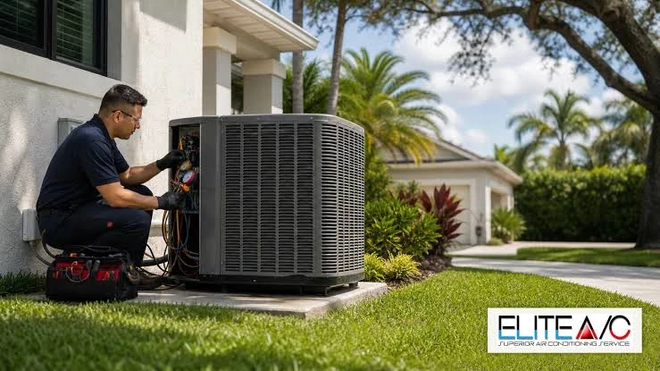 Technician servicing a central air conditioning unit beside a landscaped home